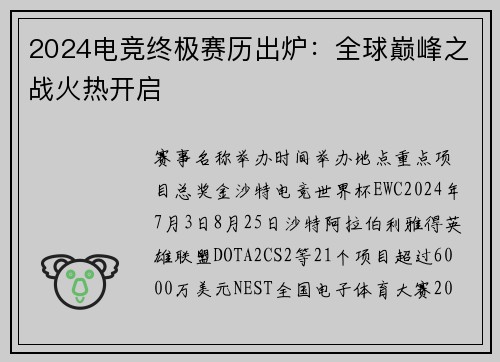 2024电竞终极赛历出炉：全球巅峰之战火热开启